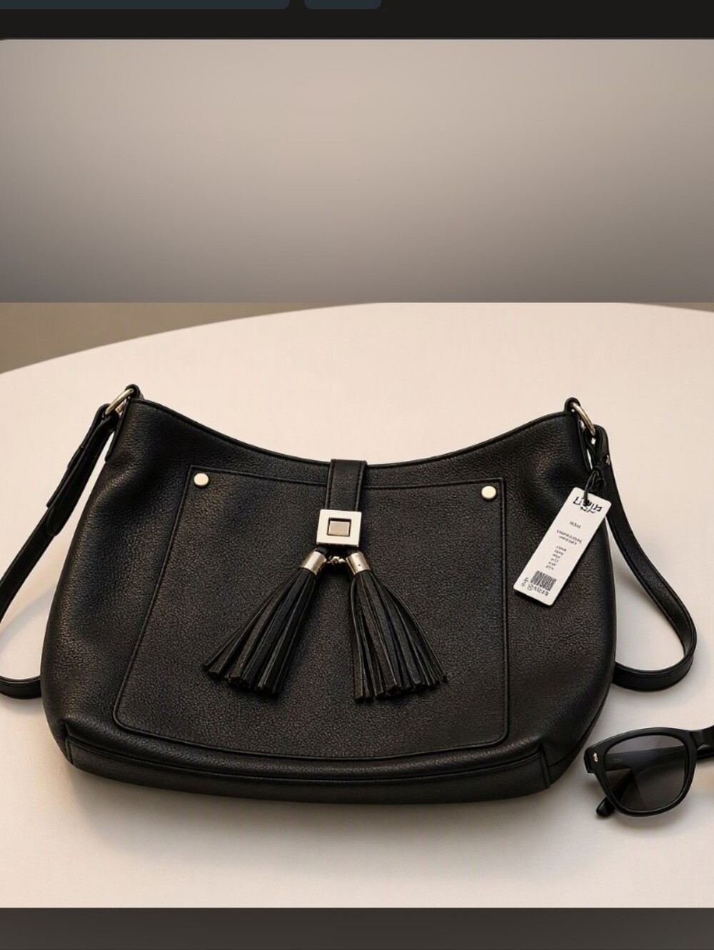 NWT Kate Landry Black Pebbled Faux Leather Hobo Bag with Front Tassels 12x15